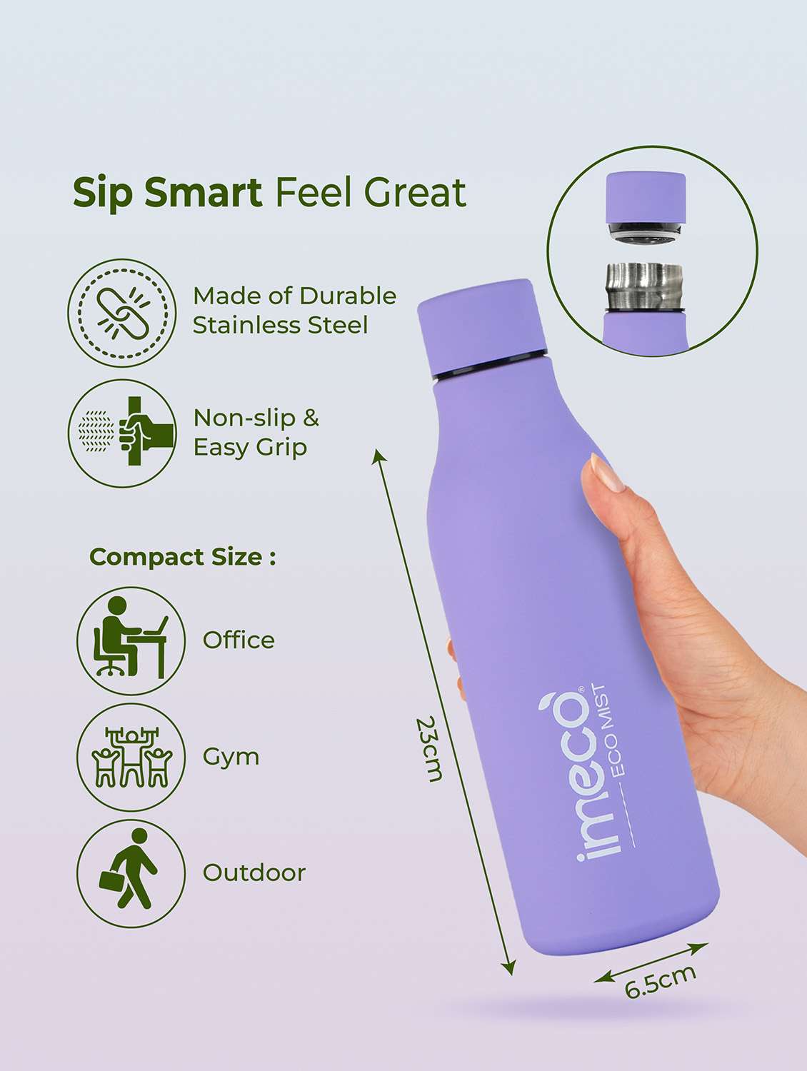 imeco eco mist stainless steel pastel water bottle 500 ml - white - 22174119 -  Standard Image - 4