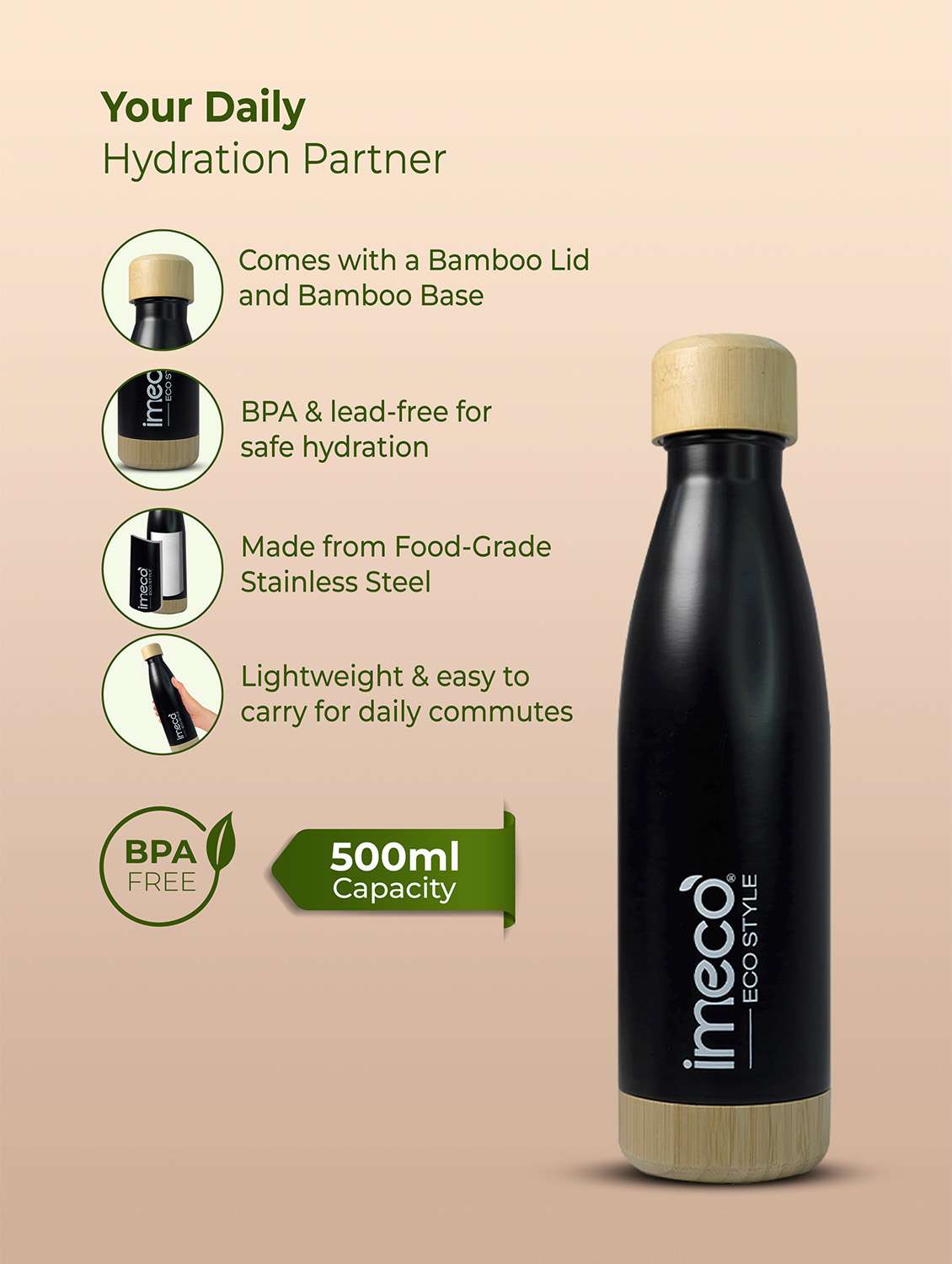 imeco eco style stainless steel water bottle with bamboo base 500 ml - black - 22174121 -  Standard Image - 4