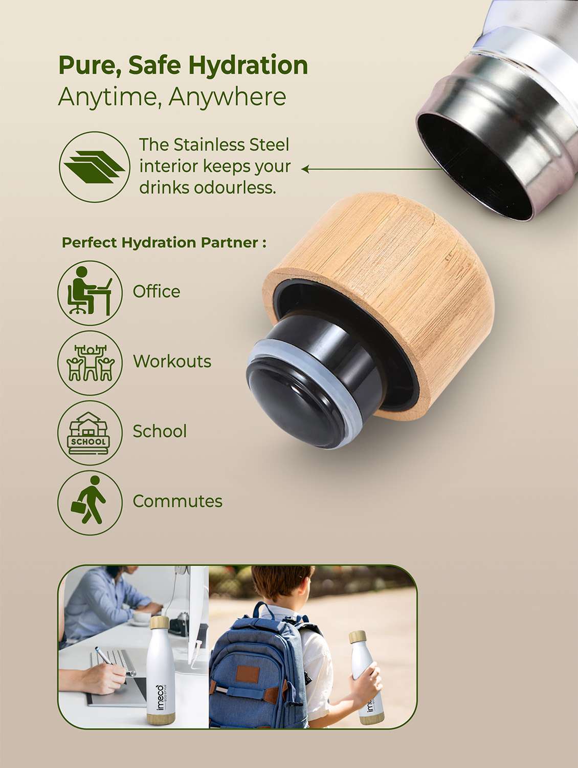 imeco eco style stainless steel water bottle with bamboo base 500 ml - black - 22174122 -  Standard Image - 1