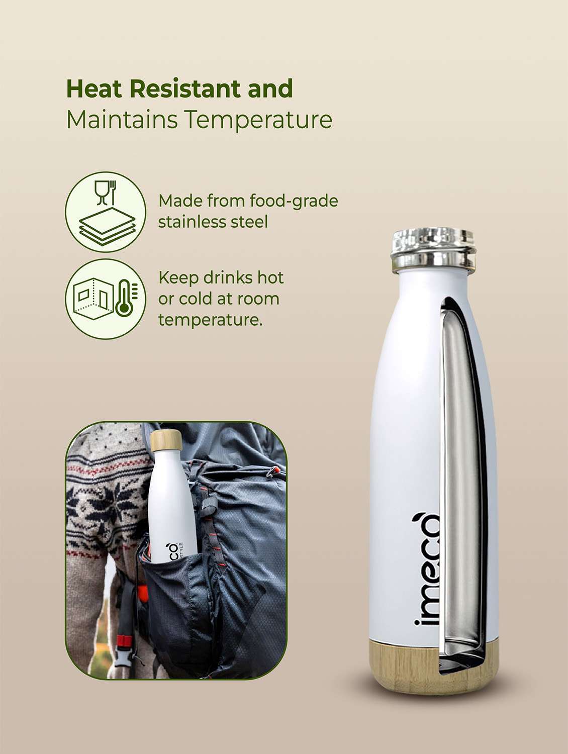 imeco eco style stainless steel water bottle with bamboo base 500 ml - black - 22174122 -  Standard Image - 4