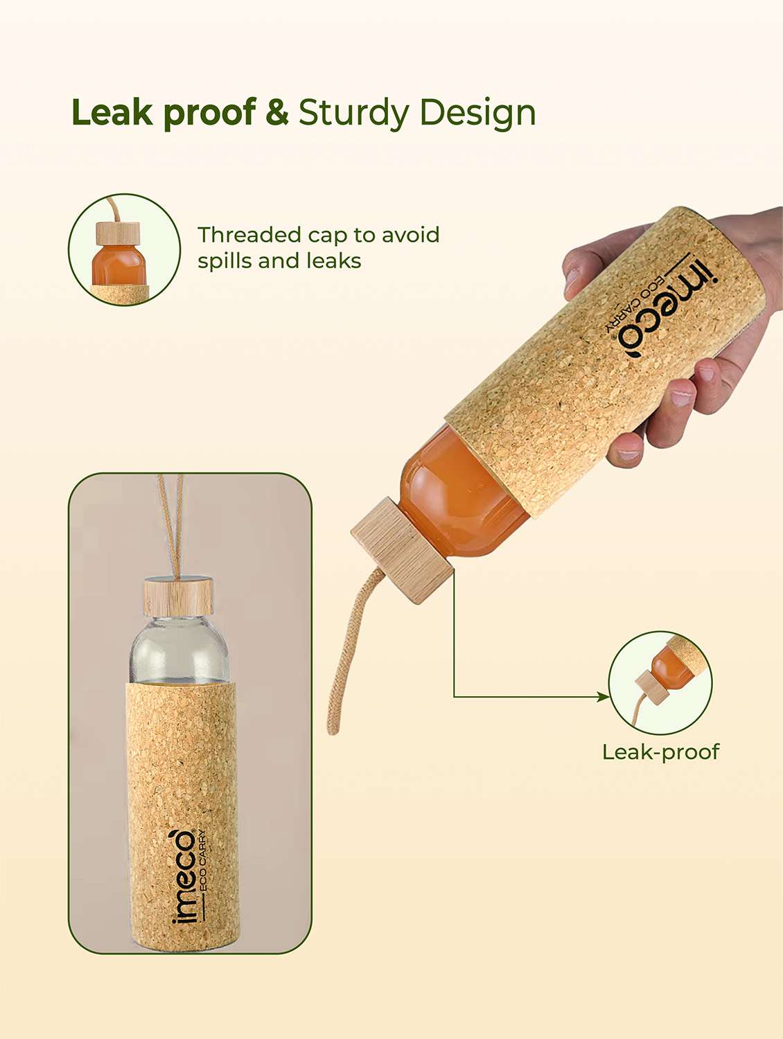 imeco eco carry borosilicated glass water bottle with cork sleeve cover 500 ml - brown - 22174123 -  Standard Image - 1