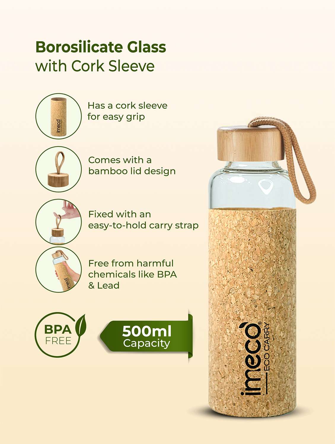 imeco eco carry borosilicated glass water bottle with cork sleeve cover 500 ml - brown - 22174123 -  Standard Image - 4