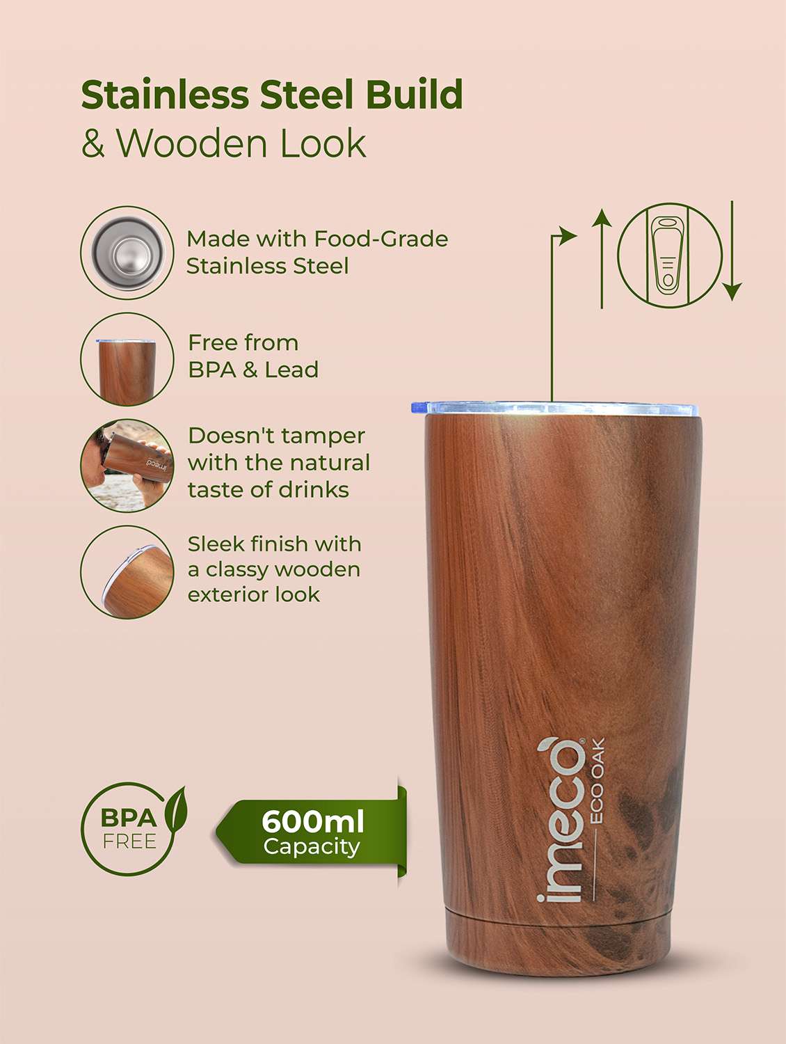 imeco eco oak stainless steel water bottle with wooden texture 600 ml - brown - 22174125 -  Standard Image - 4