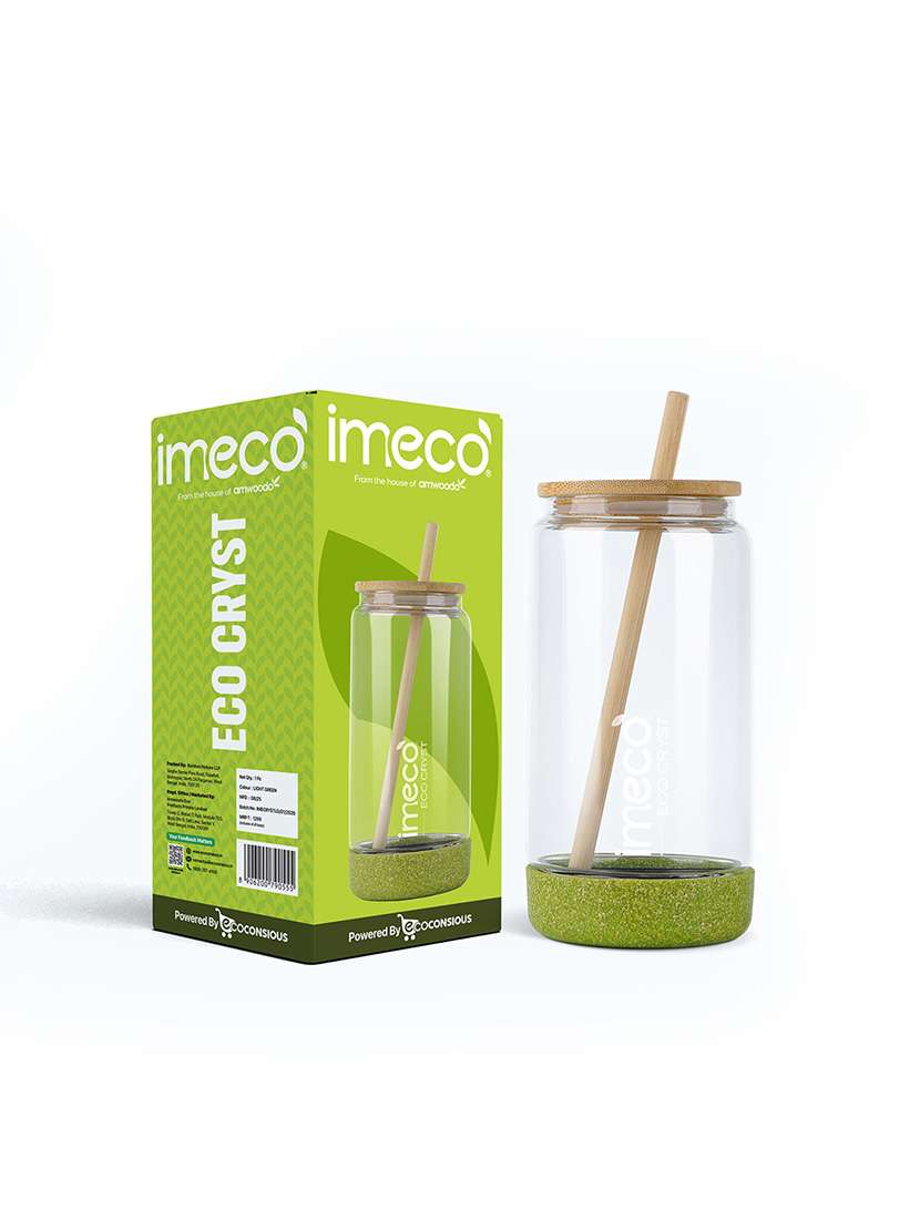 imeco eco cryst borosilicate glass sipper with bamboo lid & reusable straw 500 ml - light green