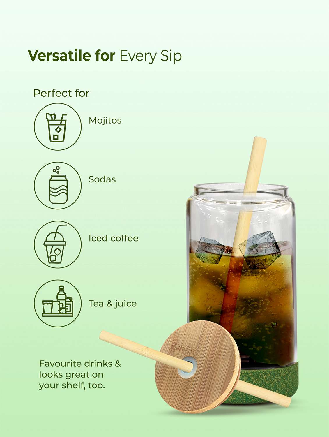 imeco eco cryst borosilicate glass sipper with bamboo lid & reusable straw 500 ml - light green - 22174130 -  Standard Image - 1