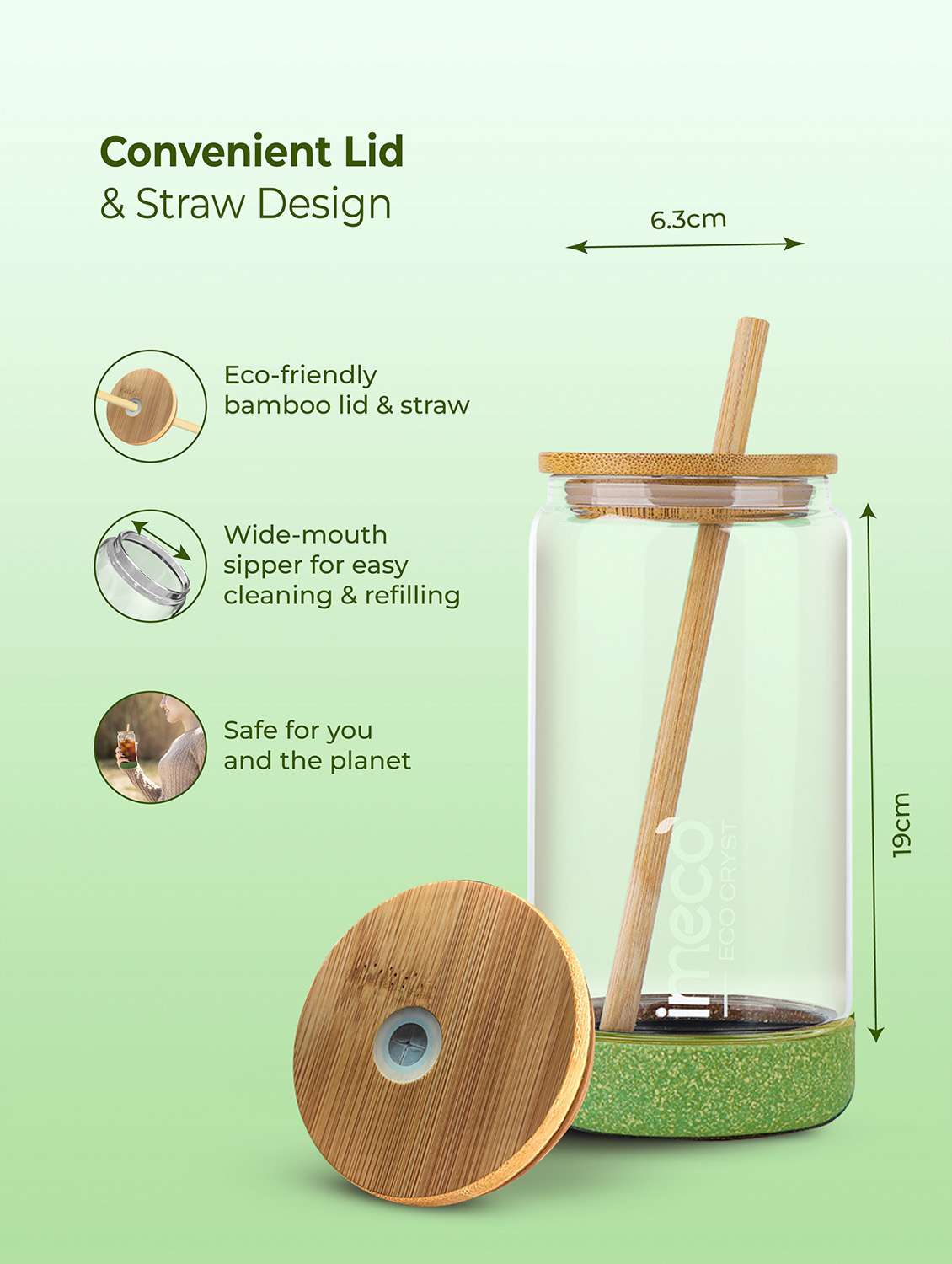 imeco eco cryst borosilicate glass sipper with bamboo lid & reusable straw 500 ml - light green - 22174130 -  Standard Image - 4