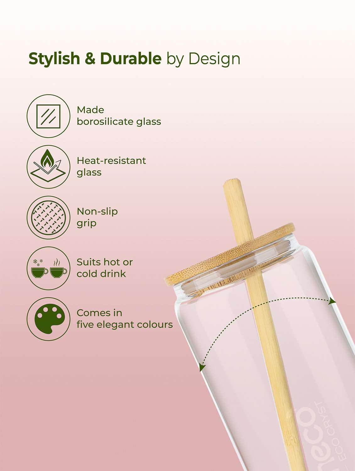 imeco eco cryst borosilicate glass sipper with bamboo lid & reusable straw 500 ml - light green - 22174131 -  Standard Image - 1