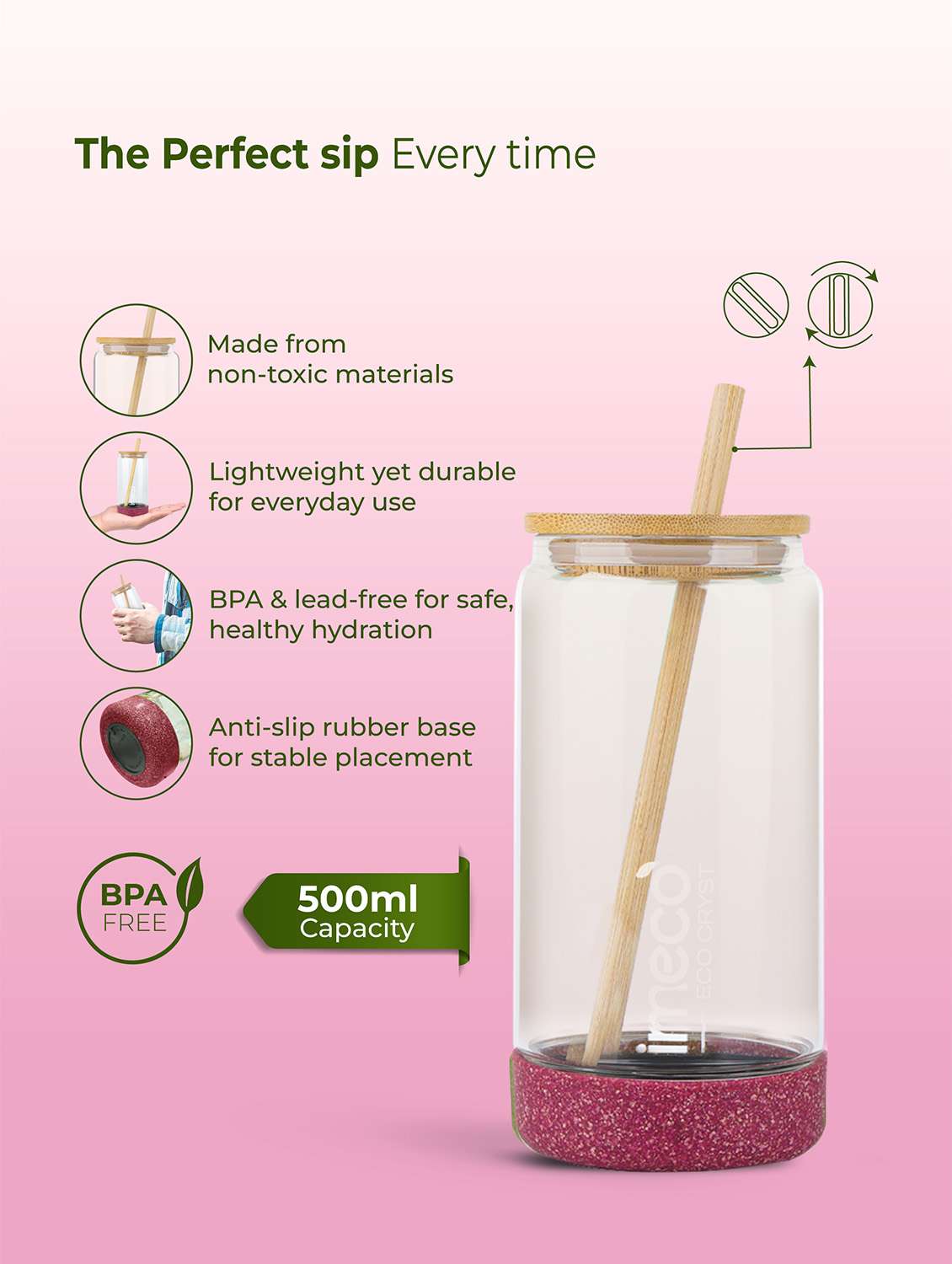 imeco eco cryst borosilicate glass sipper with bamboo lid & reusable straw 500 ml - light green - 22174132 -  Standard Image - 1