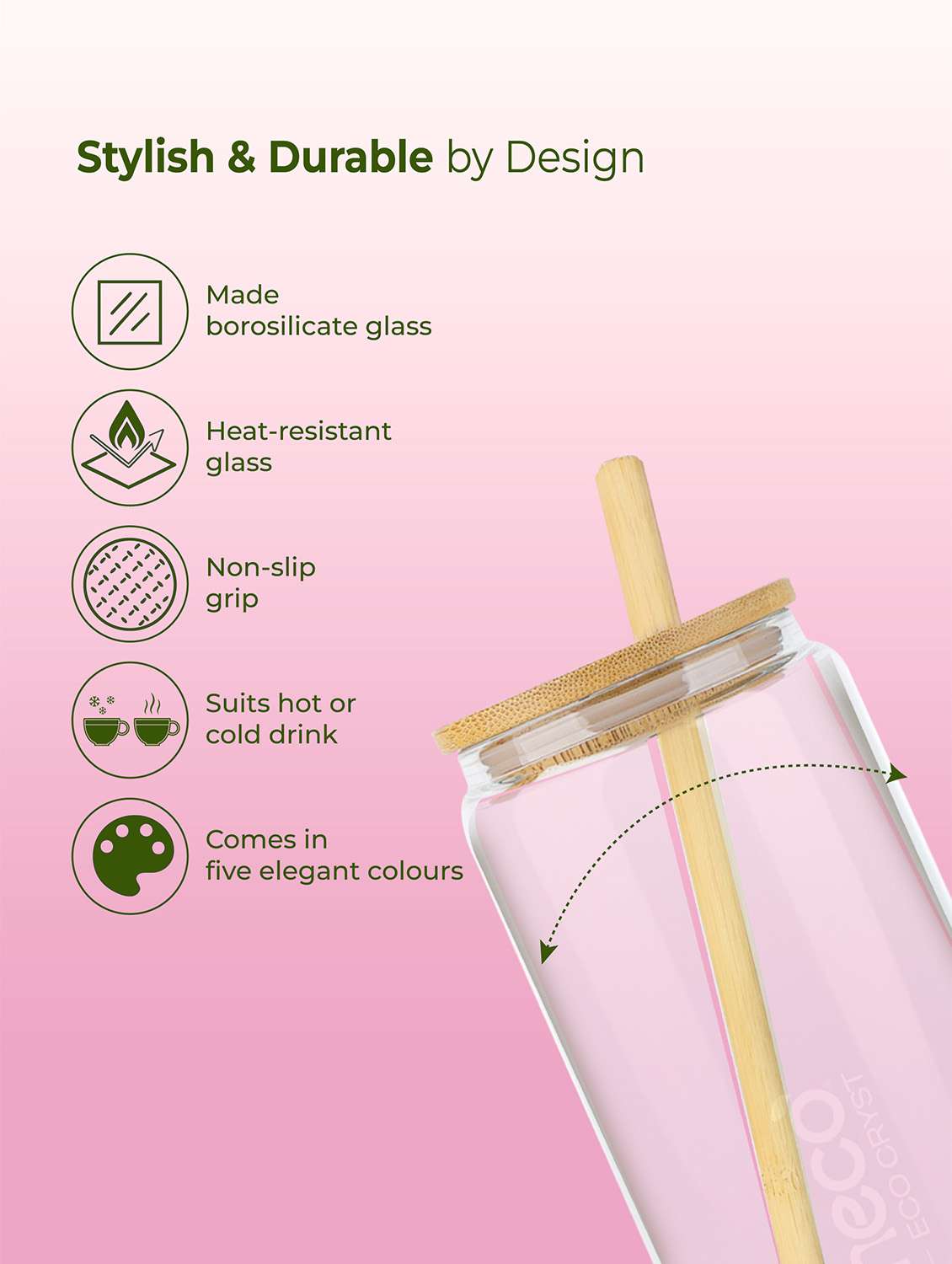 imeco eco cryst borosilicate glass sipper with bamboo lid & reusable straw 500 ml - light green - 22174132 -  Standard Image - 4