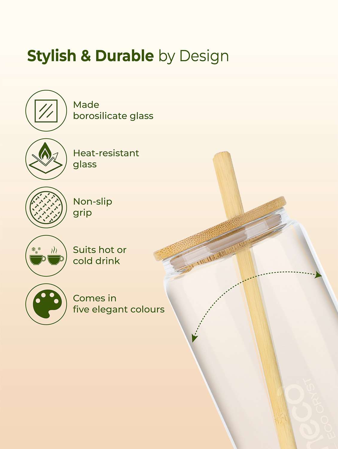 imeco eco cryst borosilicate glass sipper with bamboo lid & reusable straw 500 ml - light green - 22174133 -  Standard Image - 1