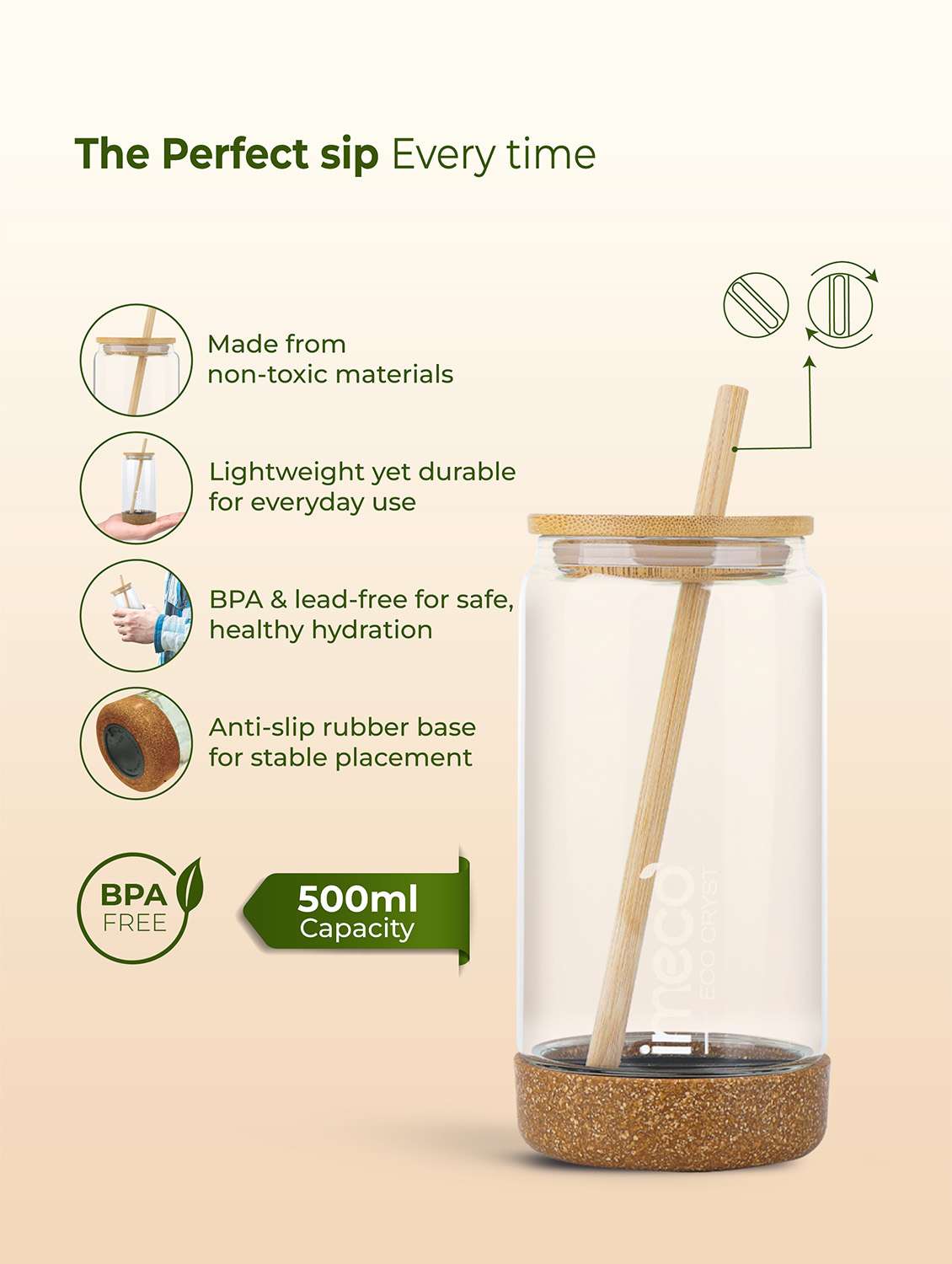 imeco eco cryst borosilicate glass sipper with bamboo lid & reusable straw 500 ml - light green - 22174133 -  Standard Image - 4