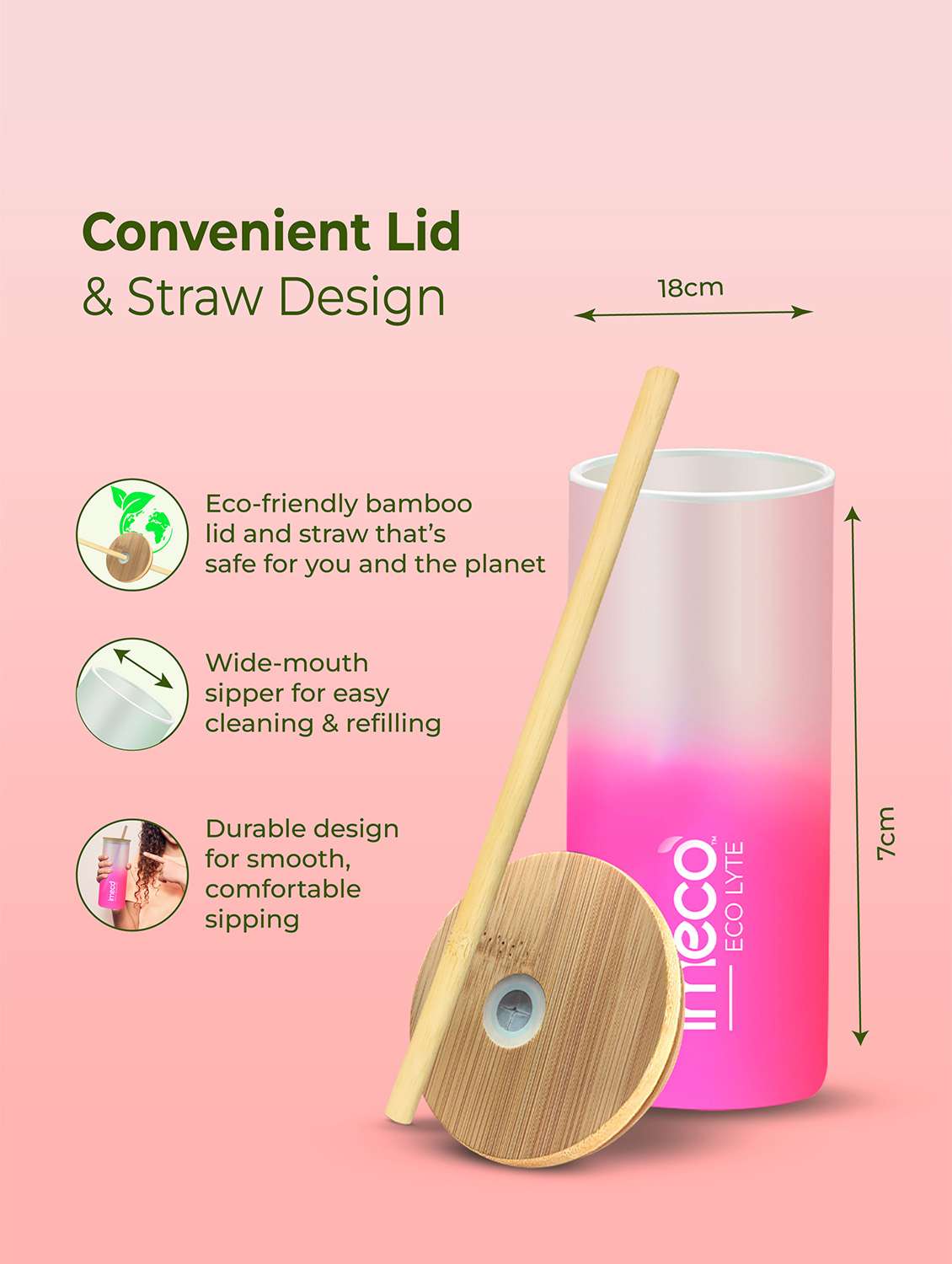 imeco eco lyte borosilicate glass sipper with bamboo lid & reusable straw 600 ml - pink - 22174134 -  Standard Image - 1
