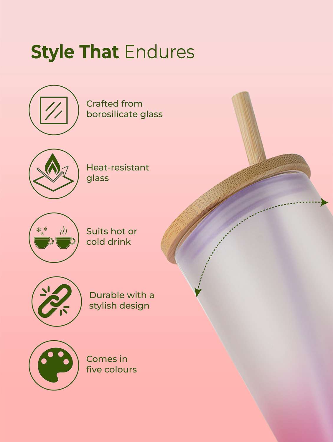 imeco eco lyte borosilicate glass sipper with bamboo lid & reusable straw 600 ml - pink - 22174134 -  Standard Image - 4