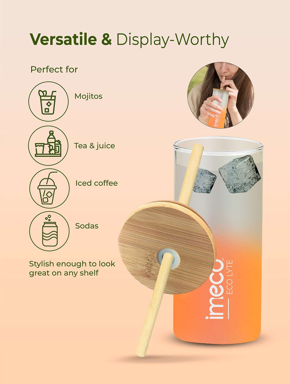 imeco eco lyte borosilicate glass sipper with bamboo lid & reusable straw 600 ml - pink - 22174135 -  Standard Image - 1