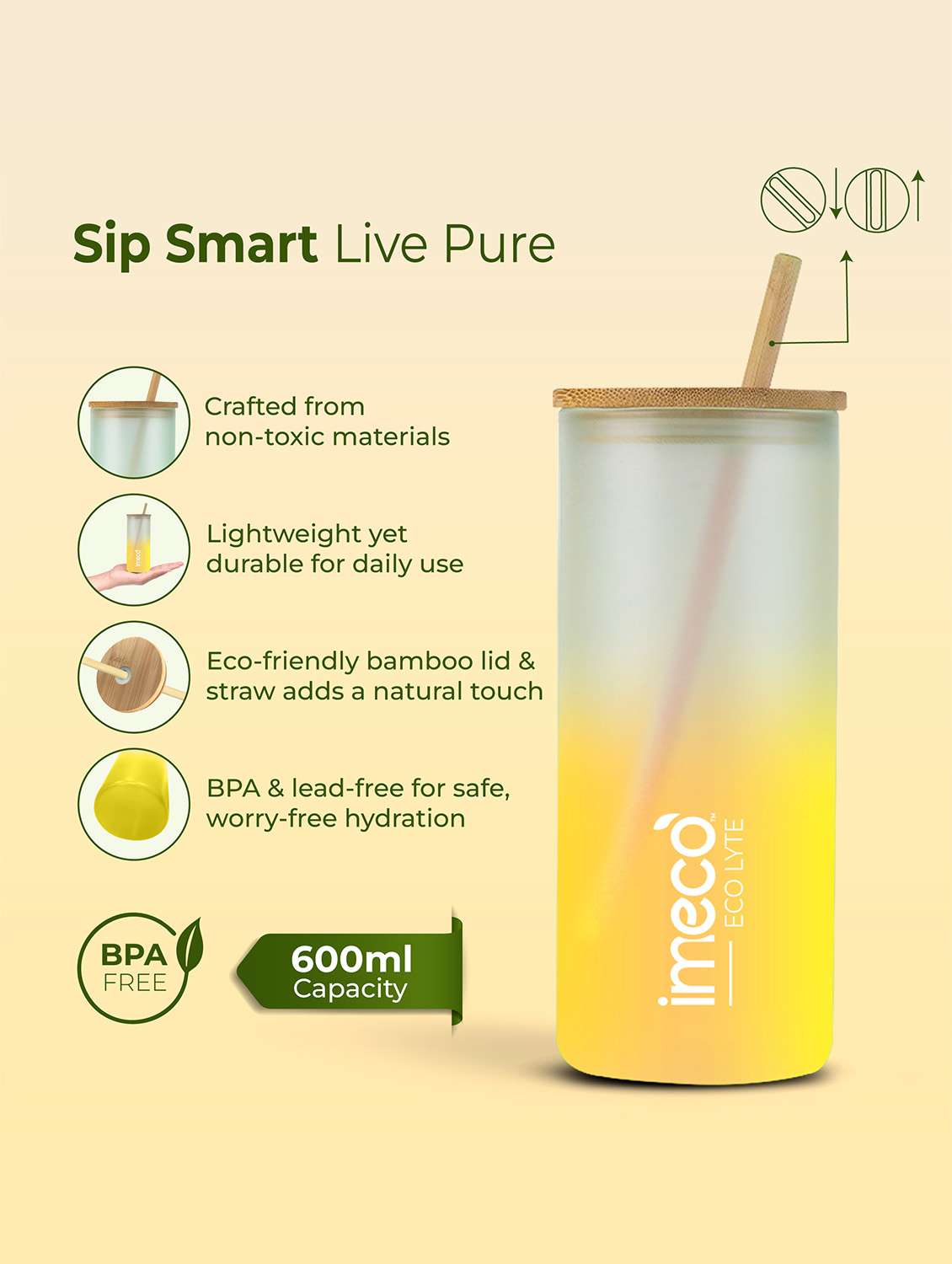 imeco eco lyte borosilicate glass sipper with bamboo lid & reusable straw 600 ml - pink - 22174136 -  Standard Image - 1