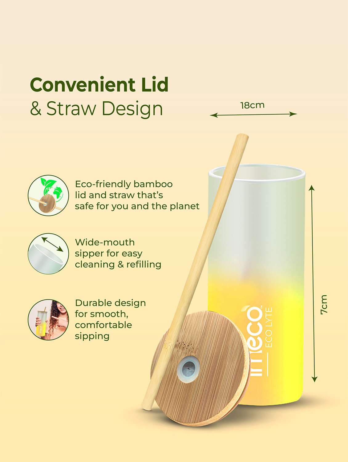 imeco eco lyte borosilicate glass sipper with bamboo lid & reusable straw 600 ml - pink - 22174136 -  Standard Image - 4