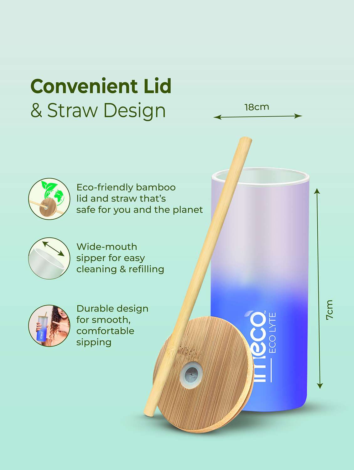 imeco eco lyte borosilicate glass sipper with bamboo lid & reusable straw 600 ml - pink - 22174138 -  Standard Image - 4