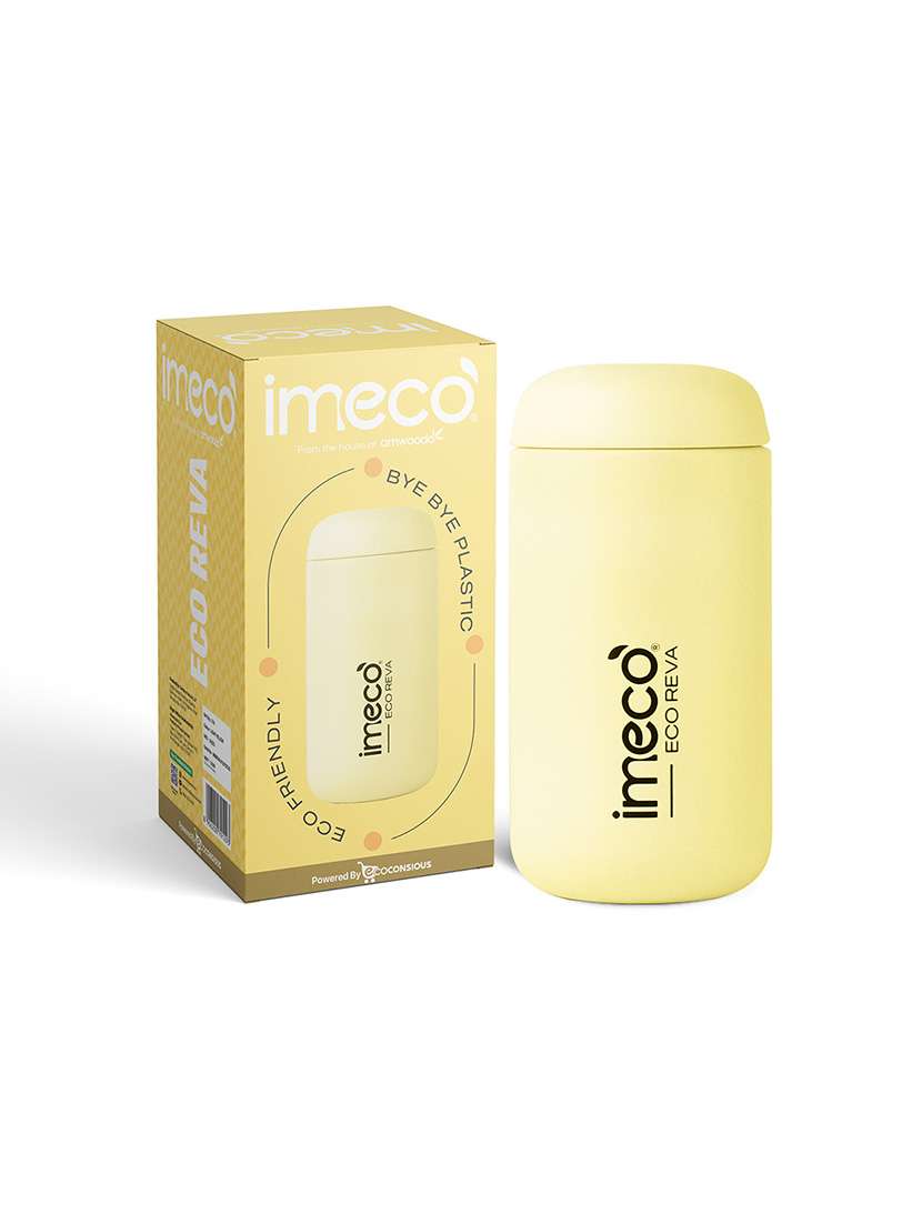 imeco eco reva capsule shaped stainless steel insulated vacuum flask upto 7 hrs hot & cold 400 ml - light yellow