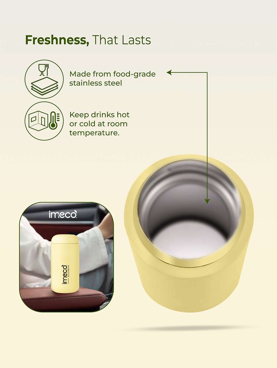 imeco eco reva capsule shaped stainless steel insulated vacuum flask upto 7 hrs hot & cold 400 ml - light yellow - 22174139 -  Standard Image - 1