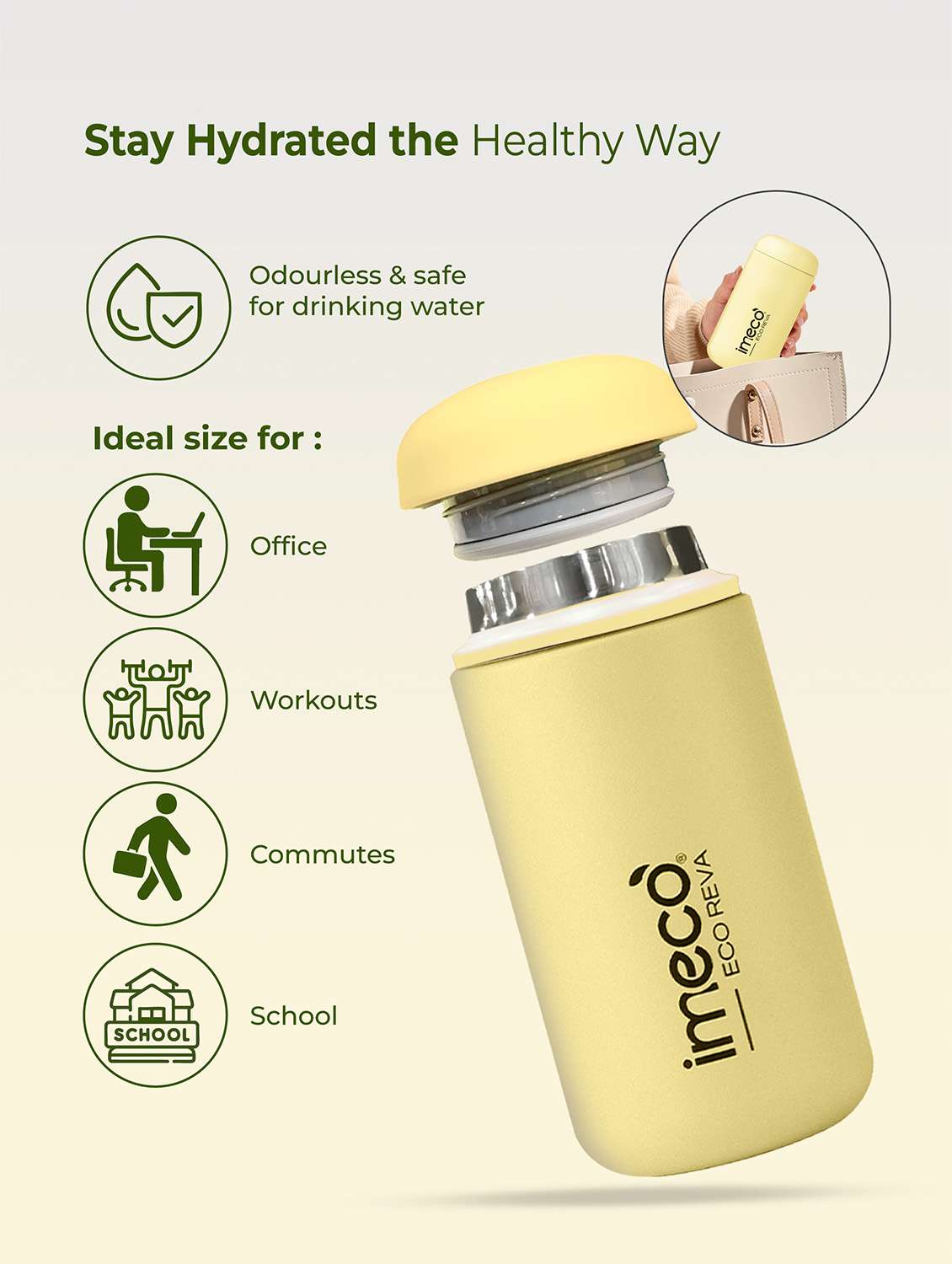 imeco eco reva capsule shaped stainless steel insulated vacuum flask upto 7 hrs hot & cold 400 ml - light yellow - 22174139 -  Standard Image - 4