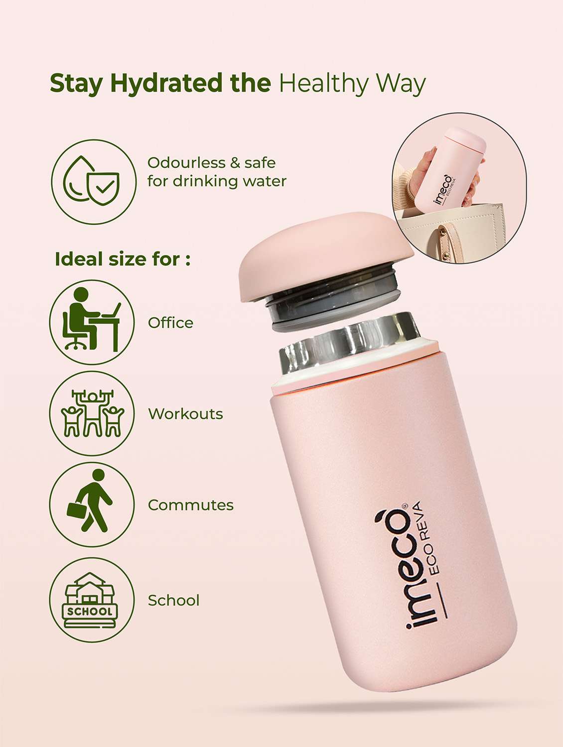 imeco eco reva capsule shaped stainless steel insulated vacuum flask upto 7 hrs hot & cold 400 ml - light yellow - 22174140 -  Standard Image - 1