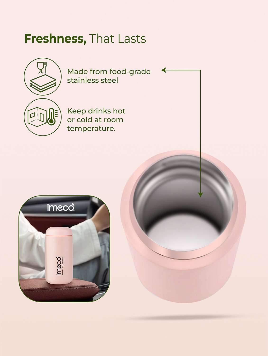 imeco eco reva capsule shaped stainless steel insulated vacuum flask upto 7 hrs hot & cold 400 ml - light yellow - 22174140 -  Standard Image - 4