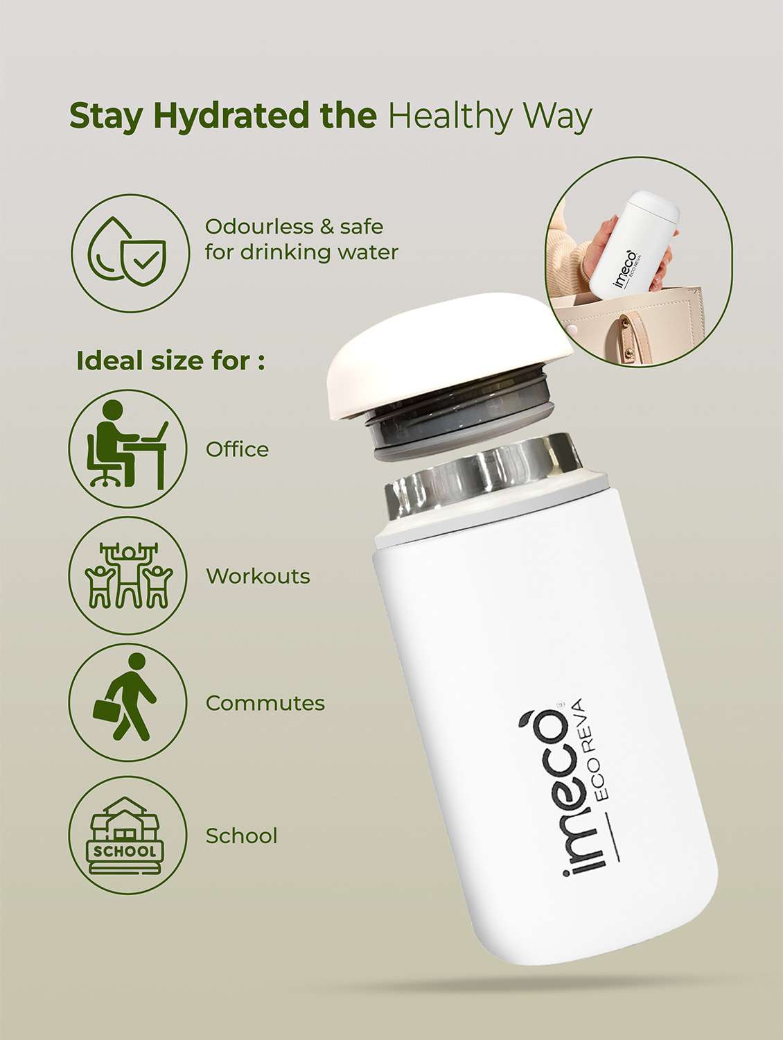 imeco eco reva capsule shaped stainless steel insulated vacuum flask upto 7 hrs hot & cold 400 ml - light yellow - 22174141 -  Standard Image - 1
