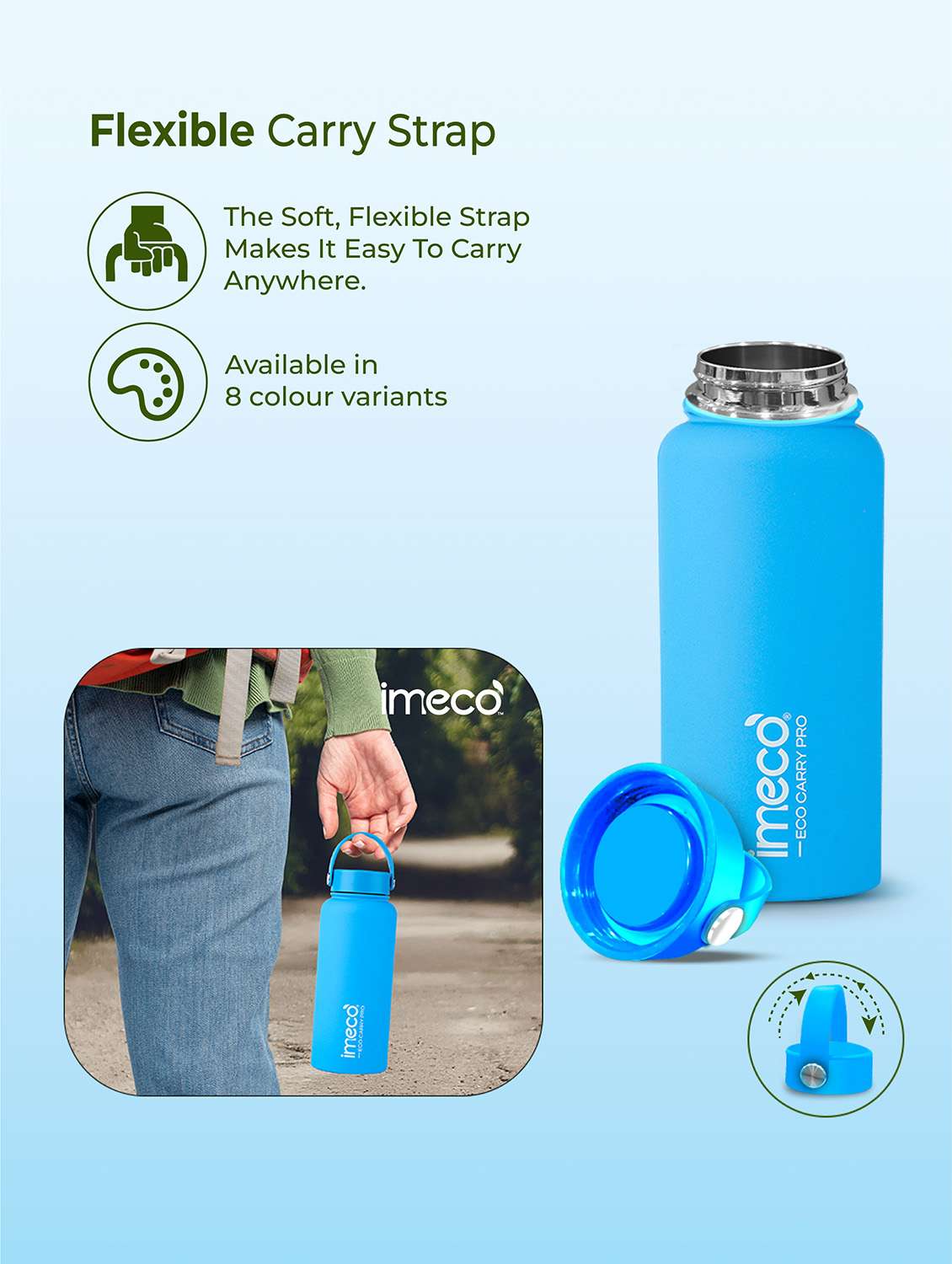 imeco eco carry pro matte finish stainless steel water bottle 1 litre - blue - 22174143 -  Standard Image - 1
