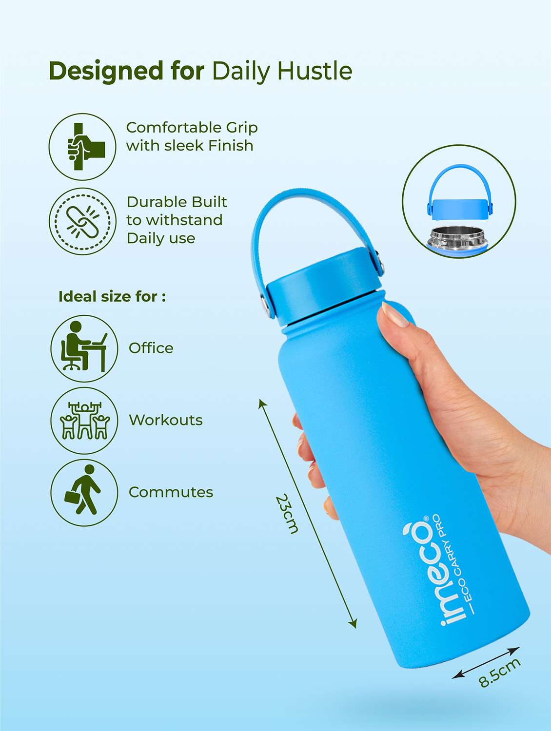 imeco eco carry pro matte finish stainless steel water bottle 1 litre - blue - 22174143 -  Standard Image - 4