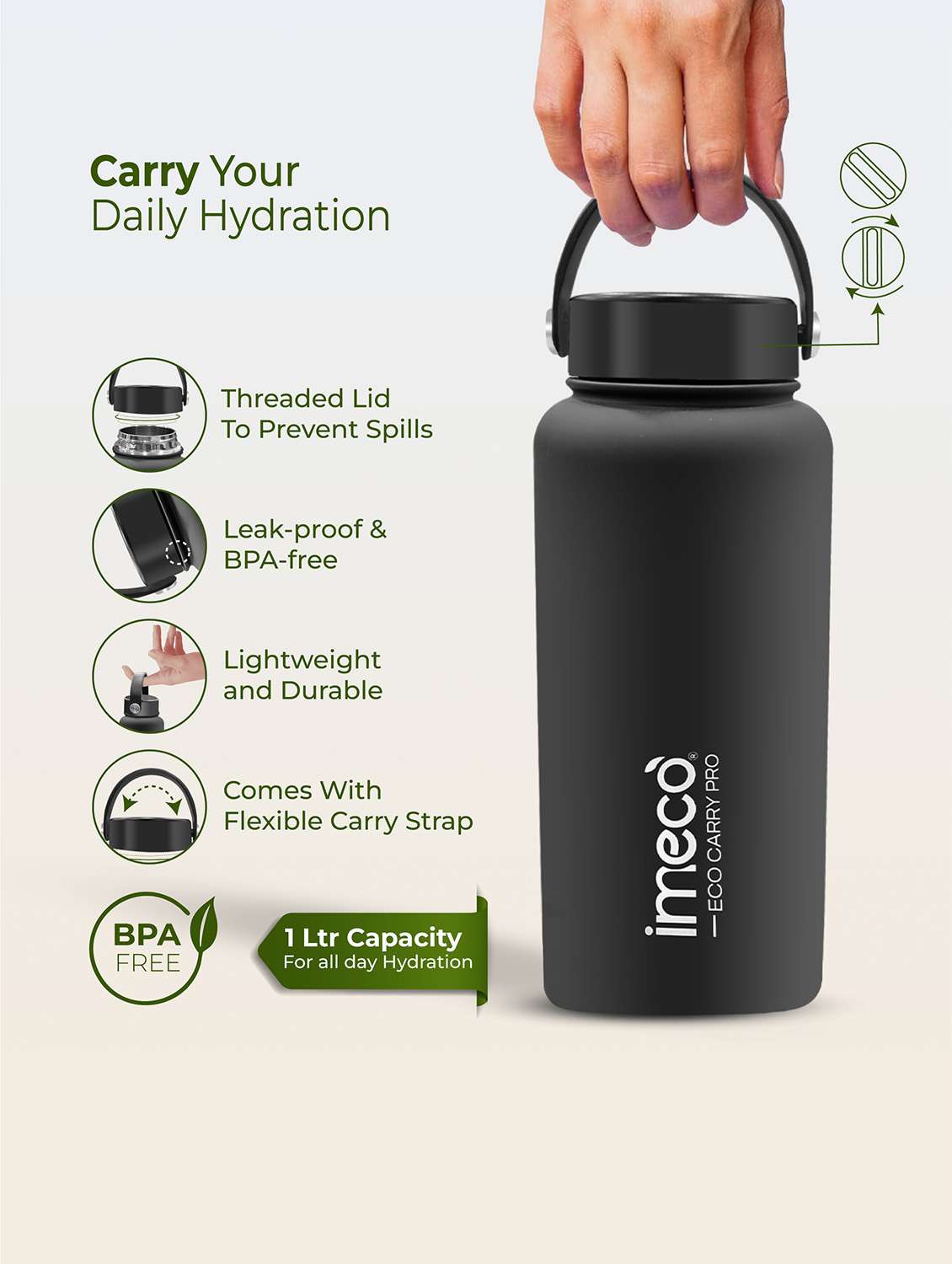 imeco eco carry pro matte finish stainless steel water bottle 1 litre - blue - 22174147 -  Standard Image - 1