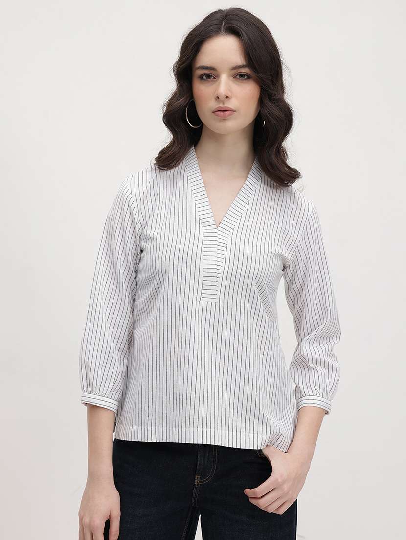women striped puff sleeve regular top - 22174704 -  Standard Image - 1