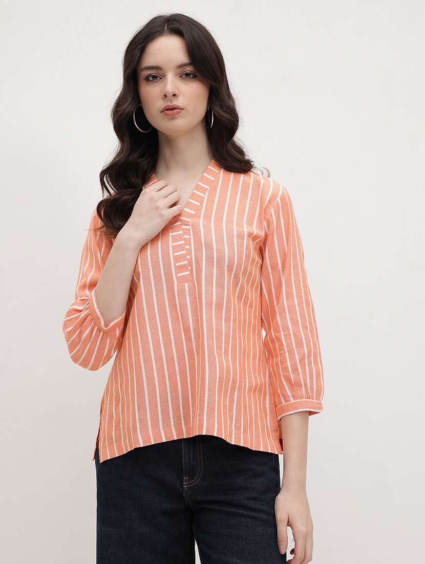 women striped puff sleeve regular top - 22174705 -  Standard Image - 1