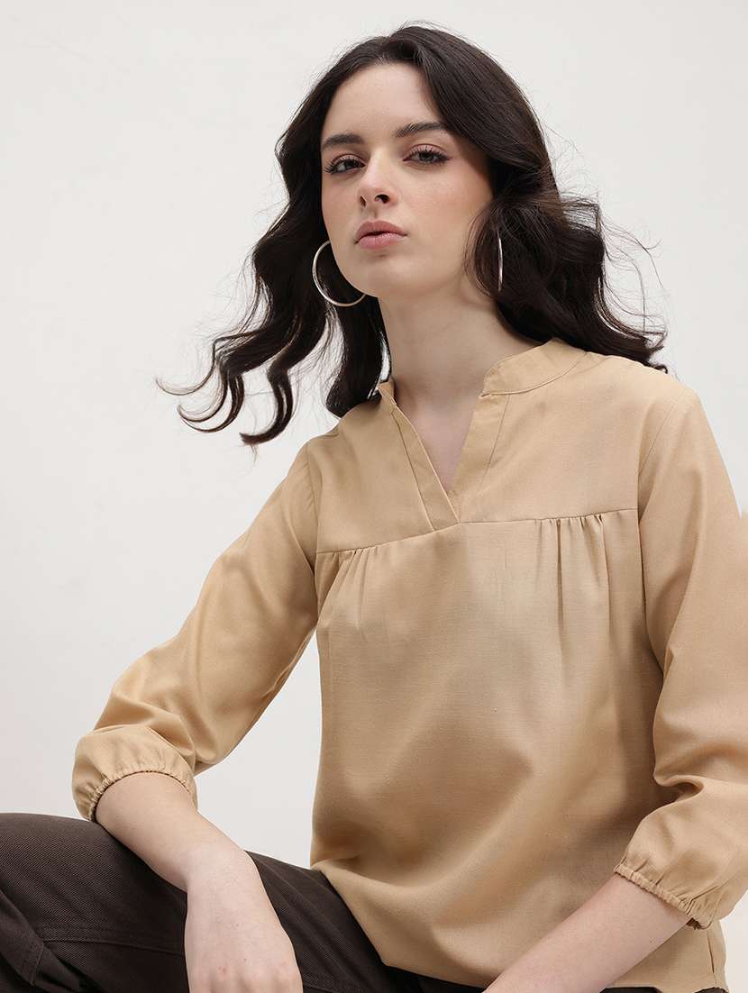 women solid three quarter sleeve regular top