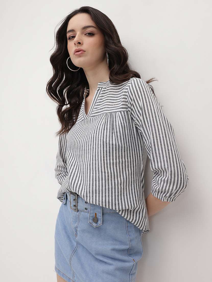 women striped three quarter sleeve regular top
