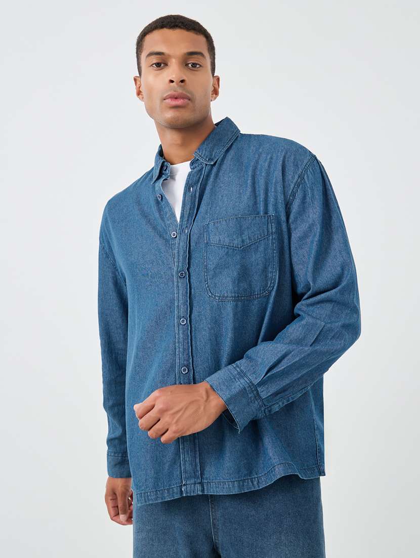 men solid collared long sleeve denim shirt