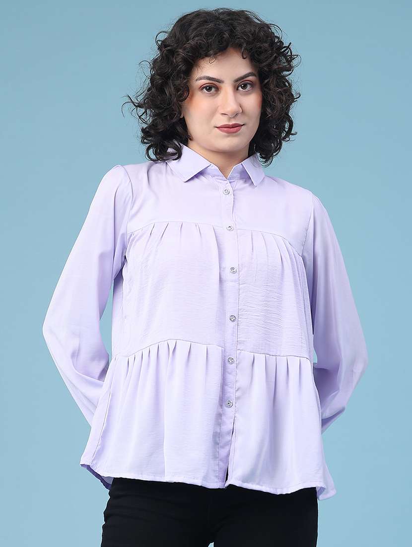 women solid collared long sleeve tiered top - 22174832 -  Standard Image - 1