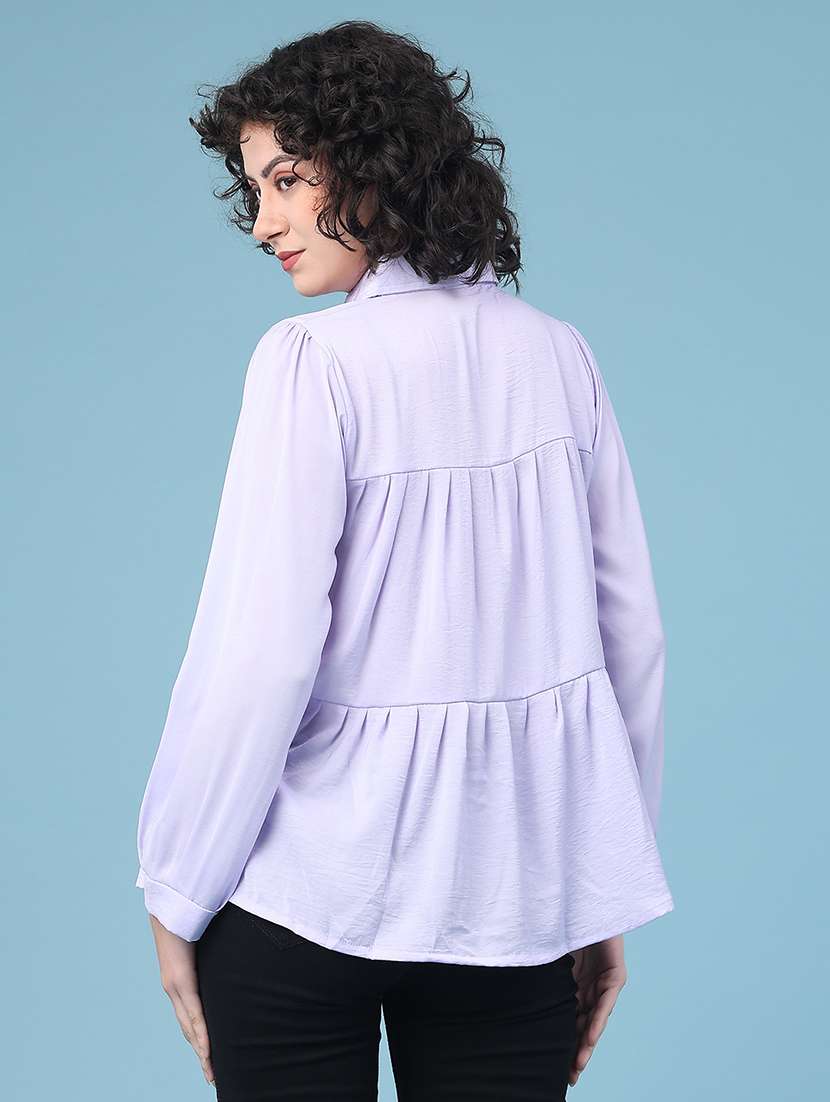 women solid collared long sleeve tiered top - 22174832 -  Standard Image - 4