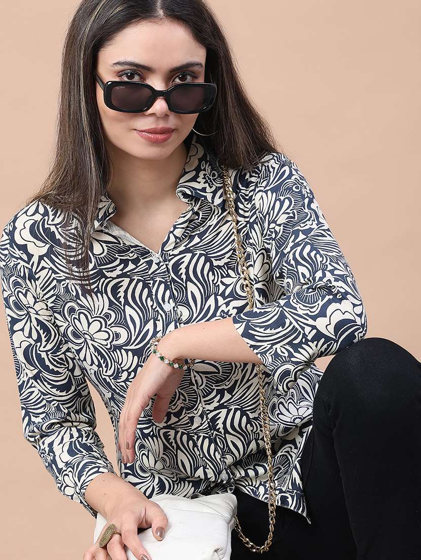 women printed collared three quarter sleeve shirt - 22174905 -  Standard Image - 1