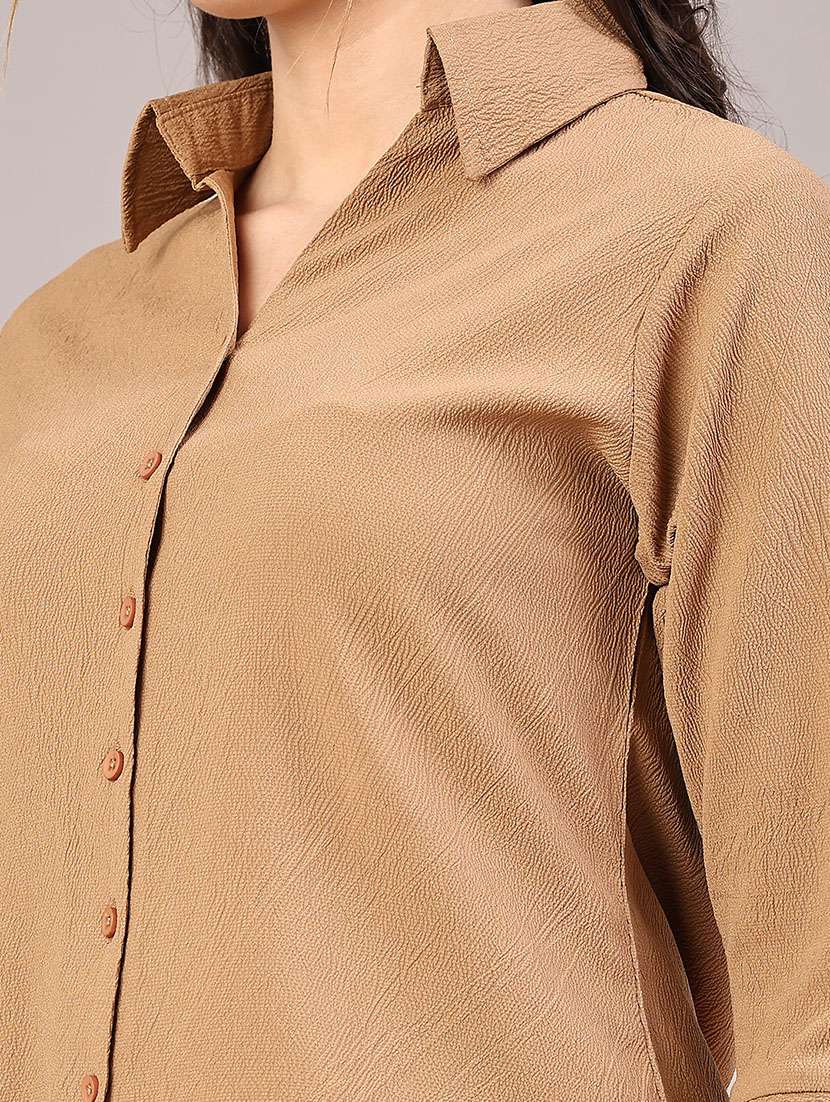 women solid collared three quarter sleeve shirt - 22174917 -  Standard Image - 1