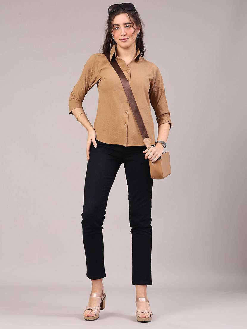women solid collared three quarter sleeve shirt - 22174917 -  Standard Image - 4