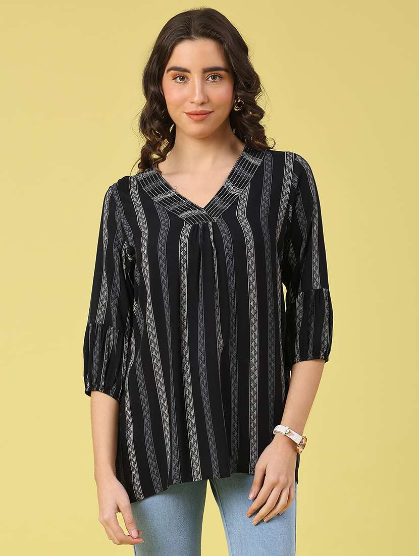 women striped three quarter sleeve a-line kurti - 22175323 -  Standard Image - 1