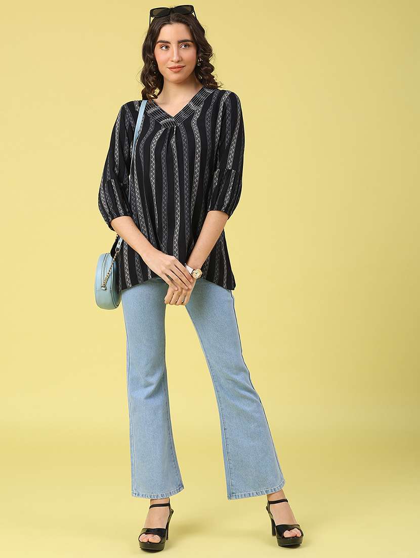 women striped three quarter sleeve a-line kurti - 22175323 -  Standard Image - 4