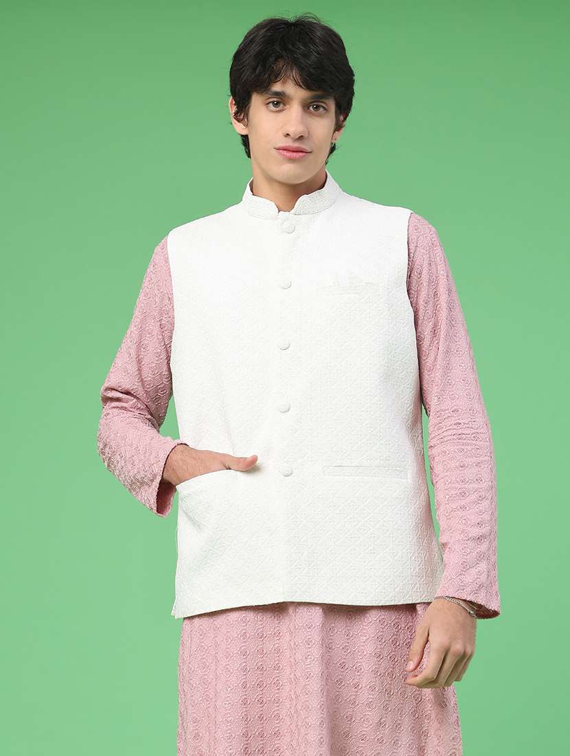 men solid with work mandarin neck nehru jacket - 22175551 -  Standard Image - 1