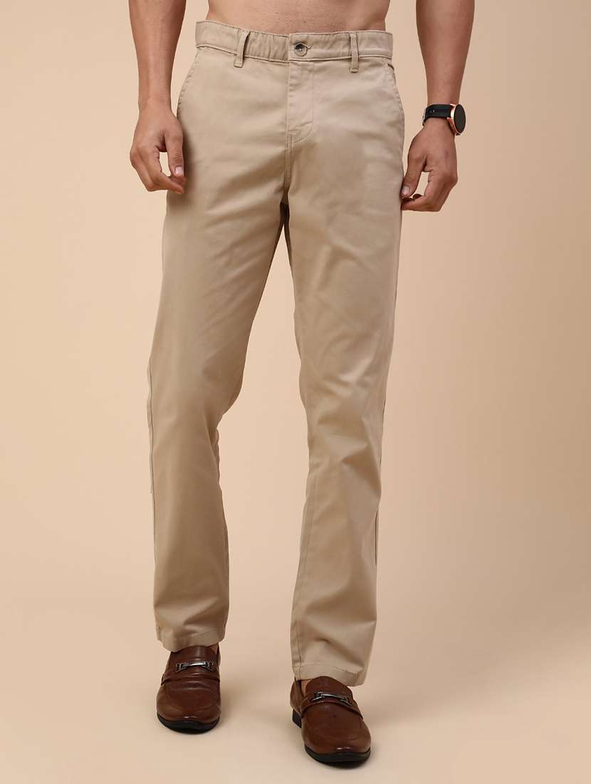 men beige cotton flat front casual trouser