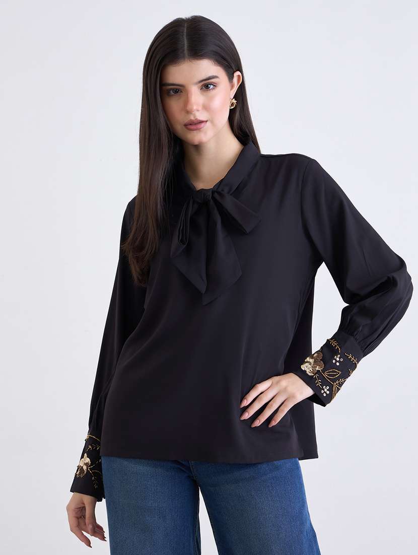 women solid tie-up neck long sleeve regular top - 22176576 -  Standard Image - 1