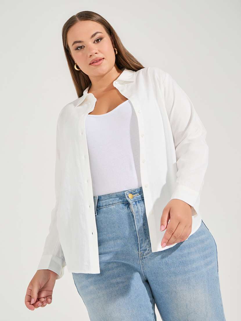 women plus size solid collared long sleeve shirt