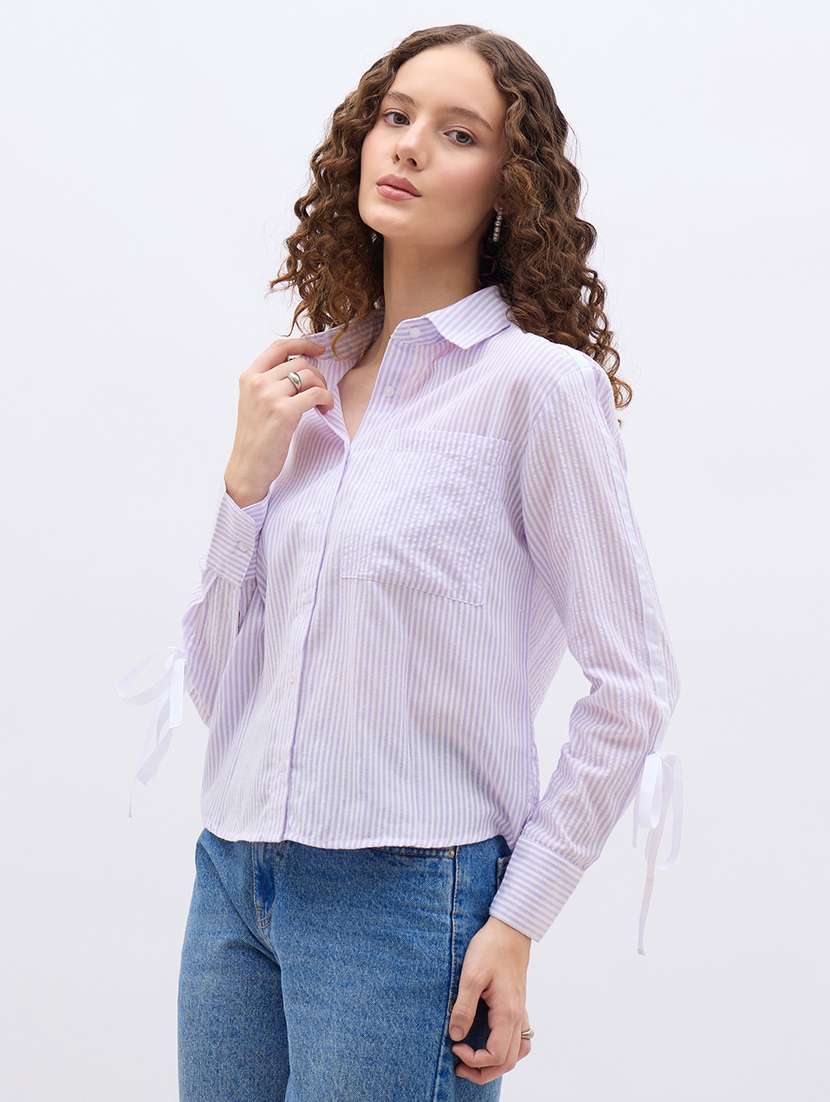 women striped collared long sleeve high rise shirt - 22176582 -  Standard Image - 1