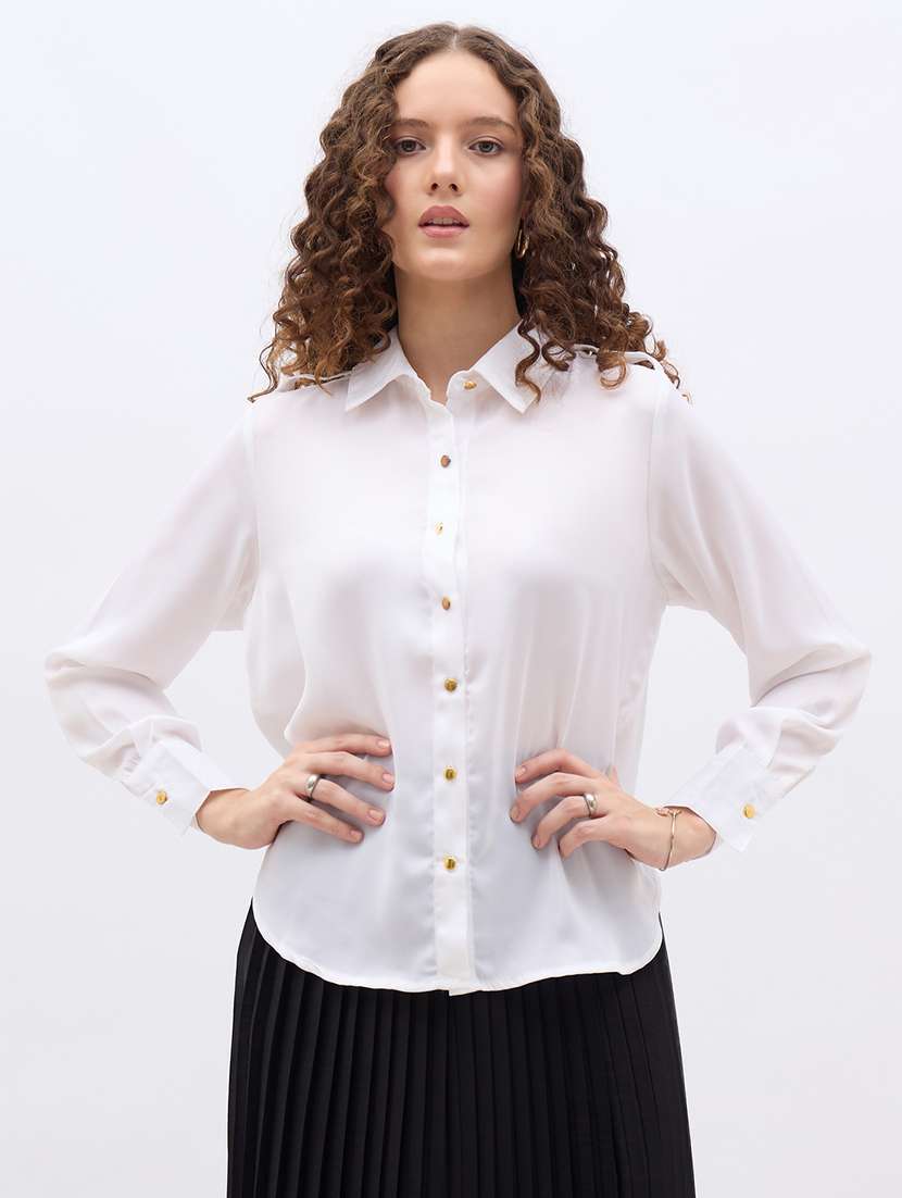 women solid collared long sleeve shirt
