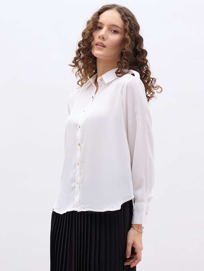 women solid collared long sleeve shirt - 22176583 -  Standard Image - 1