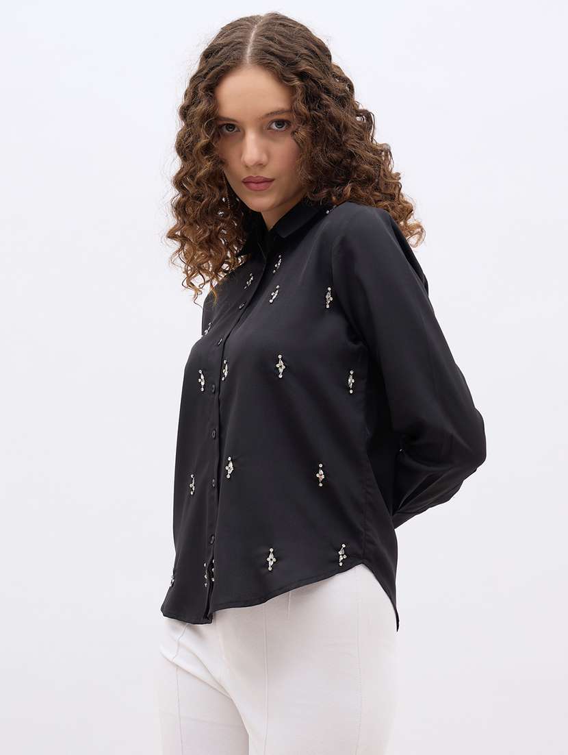 women emebllished collared long sleeve regular shirt - 22176586 -  Standard Image - 1